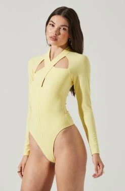 Long Sleeve Cutout Bodysuit -Dresses Sales Store AT16961 YELLOW 6