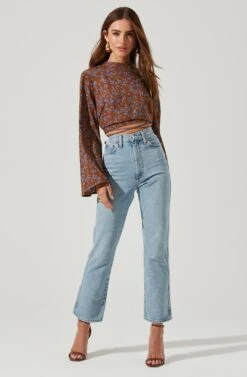 Long Sleeve Back Cutout Tie Waist Top -Dresses Sales Store AT17082 BROWNBLUEFLORAL 0268