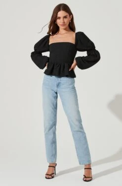 Cinched Long Sleeve Square Neck Top -Dresses Sales Store AT17101 BLACK 1979