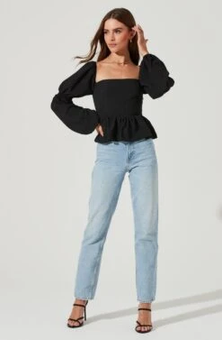 Cinched Long Sleeve Square Neck Top -Dresses Sales Store AT17101 BLACK 1980