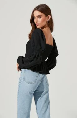 Cinched Long Sleeve Square Neck Top -Dresses Sales Store AT17101 BLACK 1997