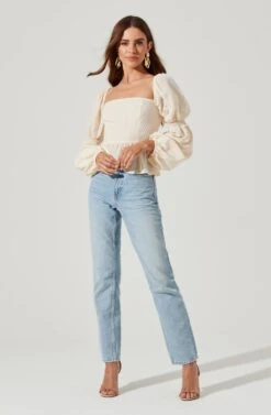 Cinched Long Sleeve Square Neck Top -Dresses Sales Store AT17101 CREAM 1696