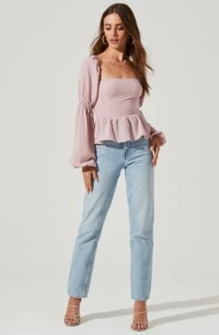 Cinched Long Sleeve Square Neck Top -Dresses Sales Store AT17101 LILAC 1831