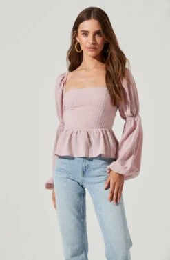 Cinched Long Sleeve Square Neck Top -Dresses Sales Store AT17101 LILAC 1835