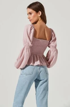 Cinched Long Sleeve Square Neck Top -Dresses Sales Store AT17101 LILAC 1843