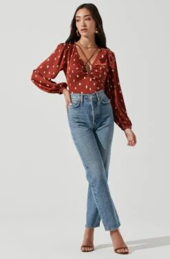 Key Hole Cutout Long Sleeve Top -Dresses Sales Store AT17111 RUSTMULTI 0188