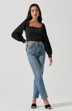 Long Sleeve Square Neck Top -Dresses Sales Store AT17119 BLACK 1268