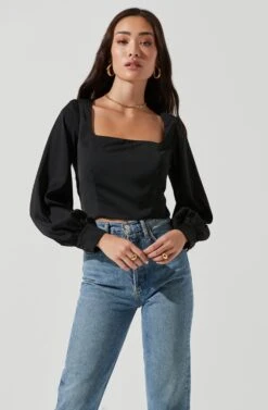 Long Sleeve Square Neck Top -Dresses Sales Store AT17119 BLACK 1272