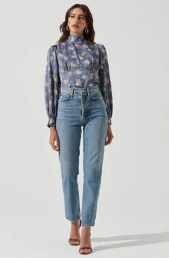 Mock Neck Tie Long Sleeve Top -Dresses Sales Store AT17130 BLUEFLORAL 1964