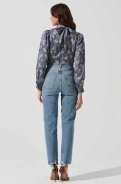 Mock Neck Tie Long Sleeve Top -Dresses Sales Store AT17130 BLUEFLORAL 1974