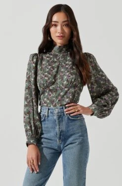 Mock Neck Tie Long Sleeve Top -Dresses Sales Store AT17130 SAGEMULTI 0018