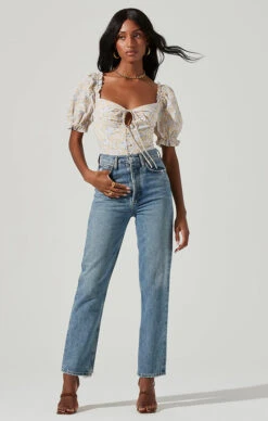 Lace Up Floral Tie Front Puff Sleeve Top -Dresses Sales Store AT17225 PINKYELLOWFLORAL 1