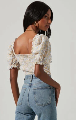 Lace Up Floral Tie Front Puff Sleeve Top -Dresses Sales Store AT17225 PINKYELLOWFLORAL 3