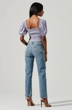 Ruched Short Puff Sleeve Top 15 Ruched Short Puff Sleeve Top -Dresses Sales Store AT17231 BLUE GINHAM 0928