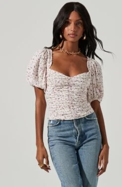 Ruched Short Puff Sleeve Top 19 Ruched Short Puff Sleeve Top -Dresses Sales Store AT17231 CREAM LAVENDER DITSY 1274