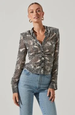 Ruched Button Up Top -Dresses Sales Store AT17371B TAUPEBLACKMULTI 3