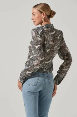 Ruched Button Up Top -Dresses Sales Store AT17371B TAUPEBLACKMULTI 5