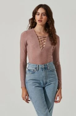 Lace Up Front Long Sleeve Bodysuit -Dresses Sales Store AT17444 PINKSHIMMER 2