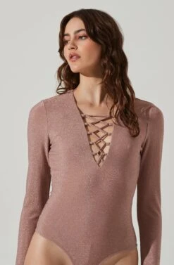 Lace Up Front Long Sleeve Bodysuit -Dresses Sales Store AT17444 PINKSHIMMER 3
