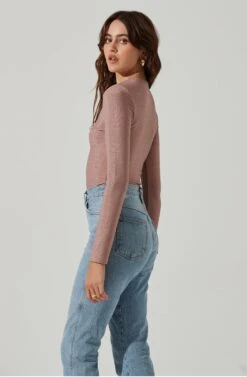 Lace Up Front Long Sleeve Bodysuit -Dresses Sales Store AT17444 PINKSHIMMER 5