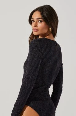 Long Sleeve Metallic Padded Shoulder Bodysuit -Dresses Sales Store AT17524 BLACKPURPLEMULTI 4