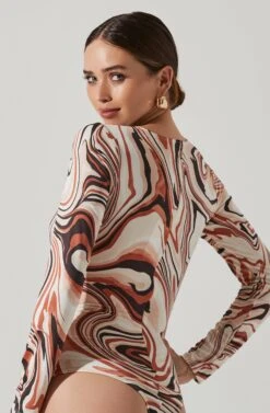 Cassidy Marble Swirl Side Cutout Bodysuit -Dresses Sales Store AT17550B BROWNSWIRL 4