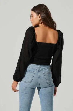 Long Sleeve Plisse Cross Bust Top -Dresses Sales Store AT17587 BLACK 4