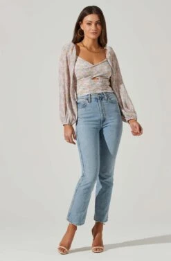 Long Sleeve Plisse Cross Bust Top -Dresses Sales Store AT17587 PINKBLUEMULTIFL 1