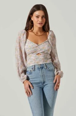 Long Sleeve Plisse Cross Bust Top -Dresses Sales Store AT17587 PINKBLUEMULTIFL 2