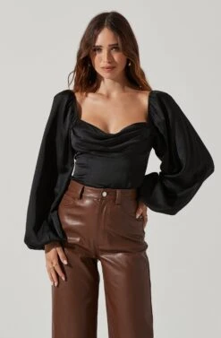 Arleth Satin Sweetheart Long Sleeve Top -Dresses Sales Store AT17623 BLACK 3