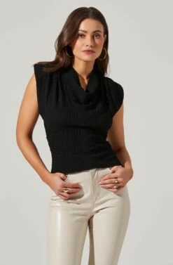 Pleated Cowl Neck Power Shoulder Tank -Dresses Sales Store AT17628 BLACK 3