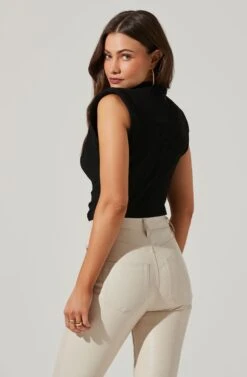 Pleated Cowl Neck Power Shoulder Tank -Dresses Sales Store AT17628 BLACK 5