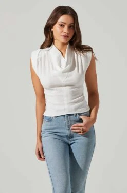 Pleated Cowl Neck Power Shoulder Tank -Dresses Sales Store AT17628 WHITE 2