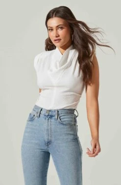 Pleated Cowl Neck Power Shoulder Tank -Dresses Sales Store AT17628 WHITE 3