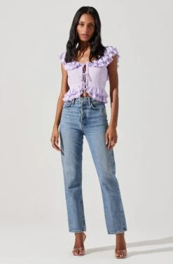 Tiered Ruffle Sleeve Tie Front Top -Dresses Sales Store AT17687 LAVENDER 2