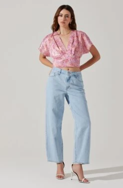 Satin Tie Back Flutter Sleeve Top -Dresses Sales Store AT17720 PINKREDMULTIFL 1