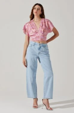 Satin Tie Back Flutter Sleeve Top -Dresses Sales Store AT17720 PINKREDMULTIFL 2