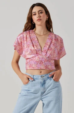 Satin Tie Back Flutter Sleeve Top -Dresses Sales Store AT17720 PINKREDMULTIFL 4