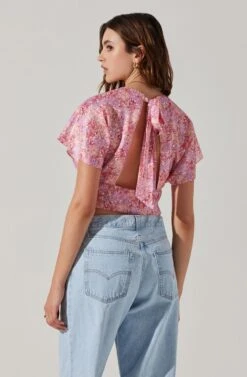 Satin Tie Back Flutter Sleeve Top -Dresses Sales Store AT17720 PINKREDMULTIFL 6