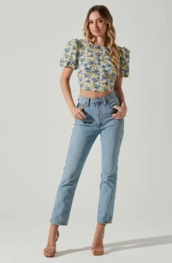 Floral Bubble Sleeve Tie Back Top -Dresses Sales Store AT17725 YELLOWBLUEFLORAL 1