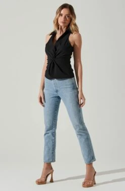 Twist Front Collared Top -Dresses Sales Store AT17776 BLACK 1