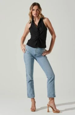 Twist Front Collared Top -Dresses Sales Store AT17776 BLACK 2