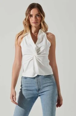 Twist Front Collared Top -Dresses Sales Store AT17776 WHITE 3