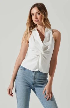 Twist Front Collared Top -Dresses Sales Store AT17776 WHITE 4