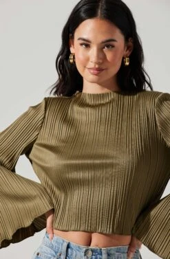 Cropped Plisse Mock Neck Top -Dresses Sales Store AT17868 OLIVE 3
