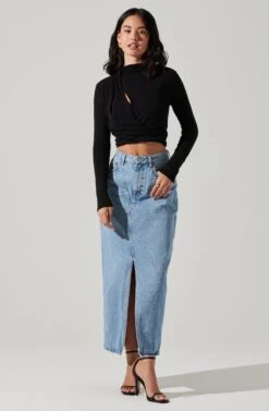 Asymmetrical Pleated Cutout Mock Neck Top -Dresses Sales Store AT17934 BLACK 4