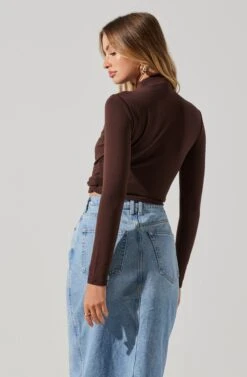 Asymmetrical Pleated Cutout Mock Neck Top -Dresses Sales Store AT17934 ESPRESSO 2