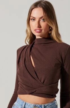 Asymmetrical Pleated Cutout Mock Neck Top -Dresses Sales Store AT17934 ESPRESSO 6
