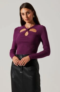 Twist Neck Cutout Sweater -Dresses Sales Store AT17944 PLUM 1