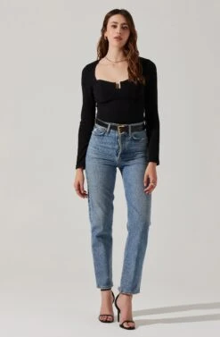 Long Sleeve Cupped Bust Knit Top -Dresses Sales Store AT17996 BLACK 2